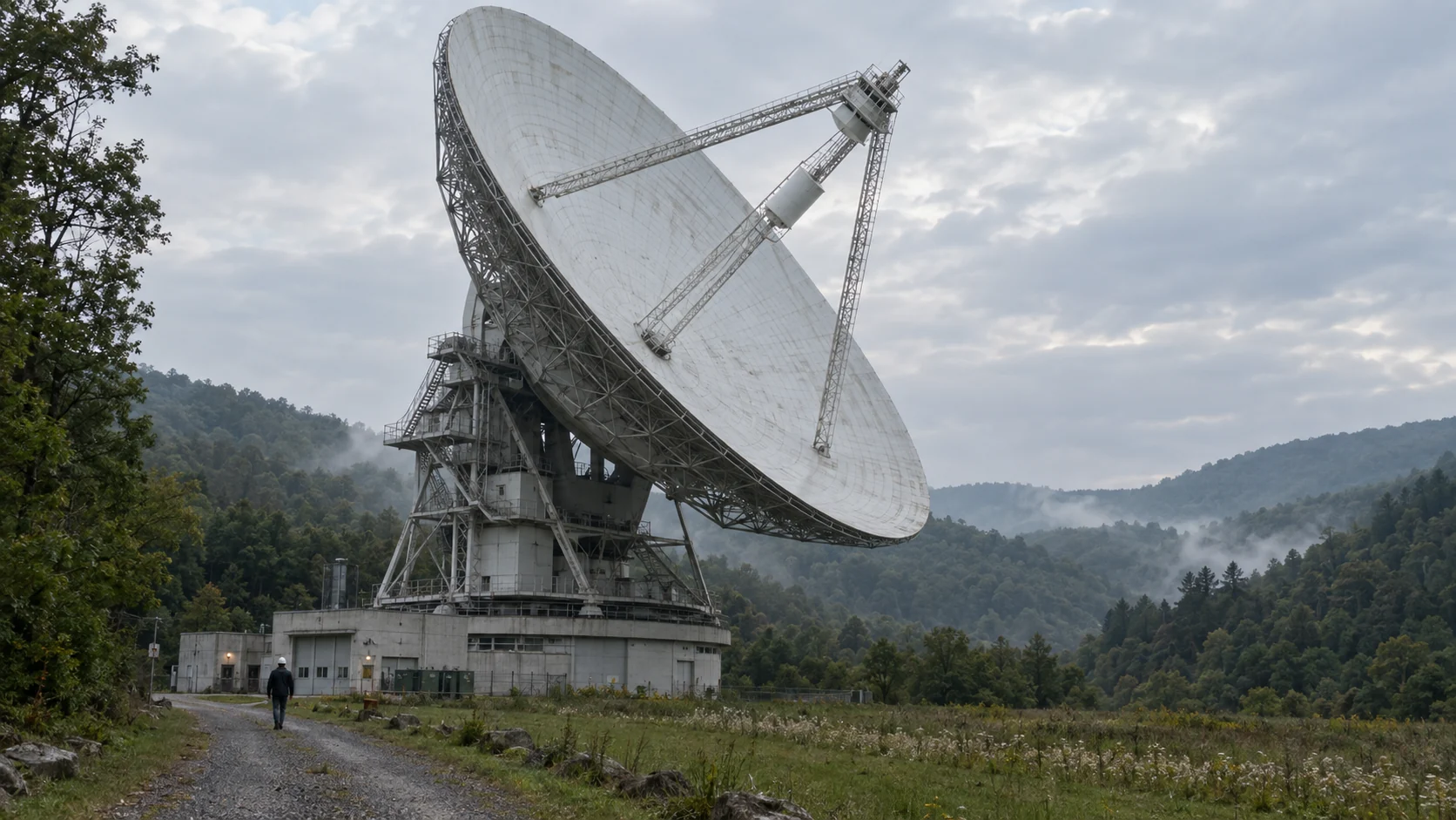 The Big Ear and its control building.