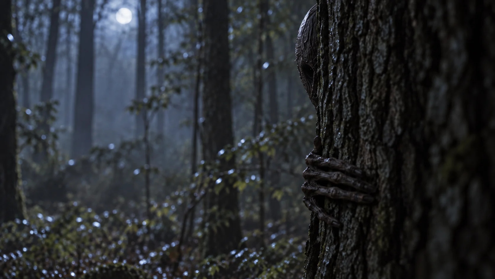 A narrow glimpse around a tree in the Whispering Woods.