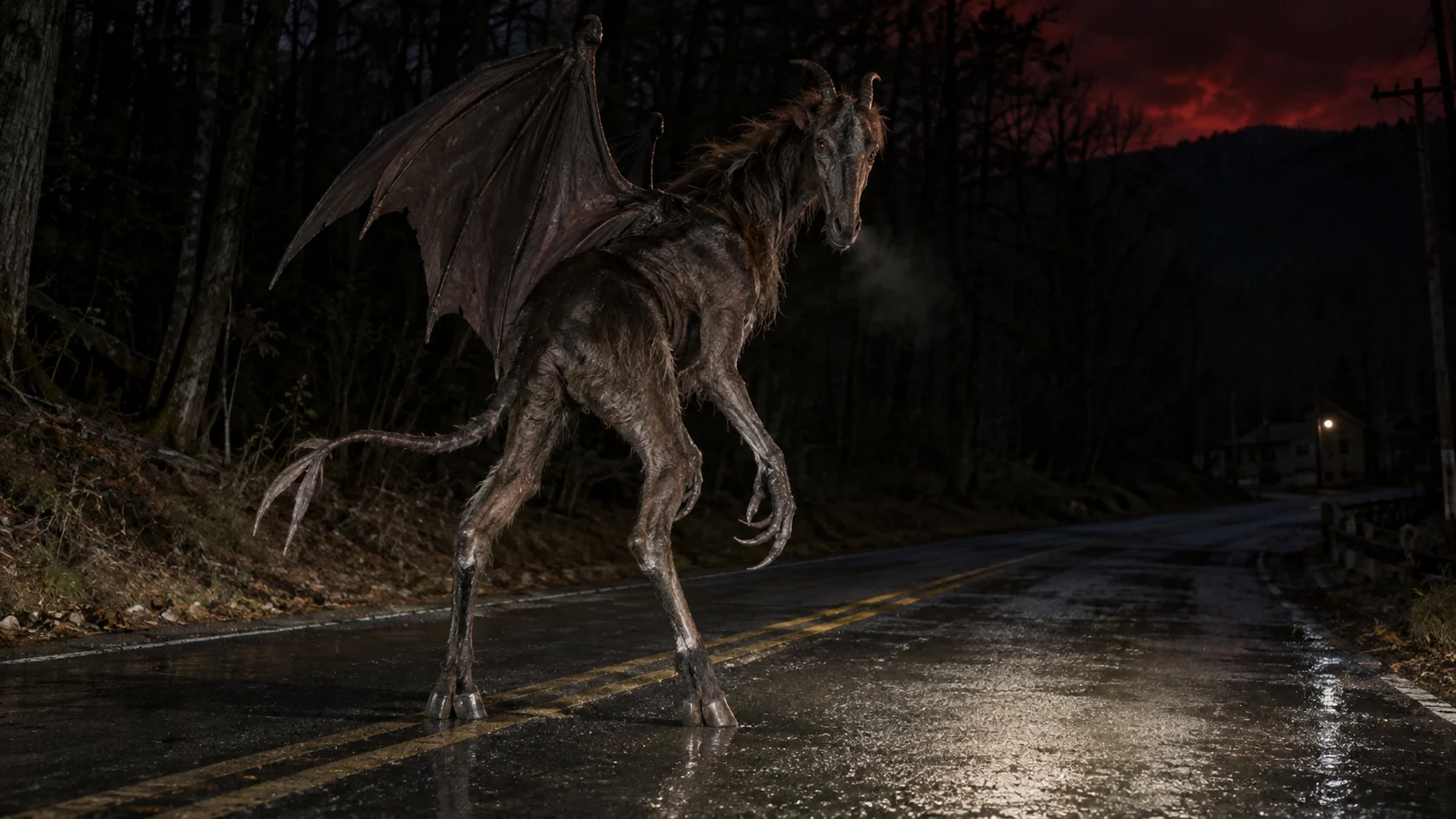 The Jersey Devil appears at the edge of town during Judgment Night.