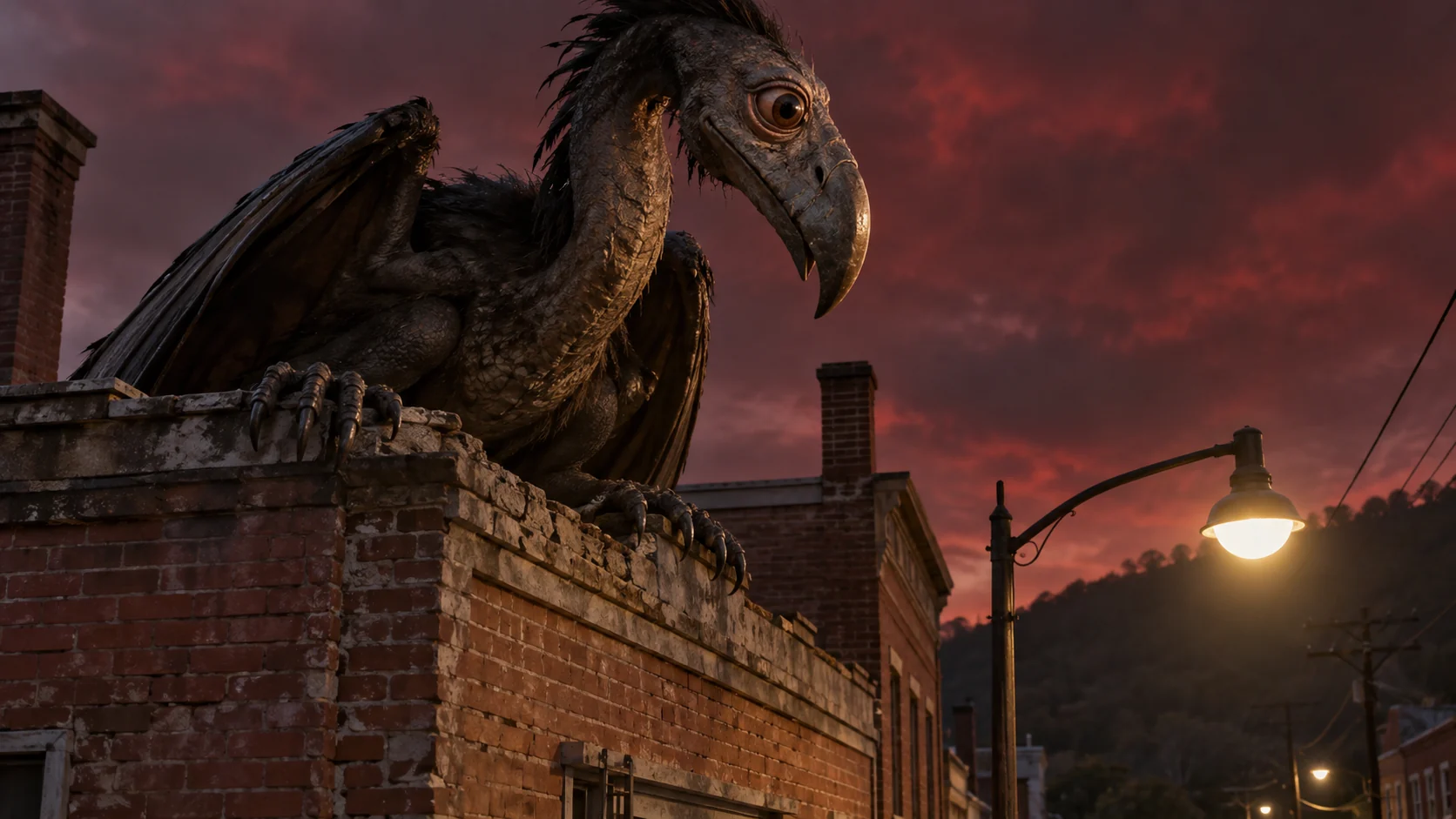 A Snallygaster watches the streets from a rooftop during the convergence.