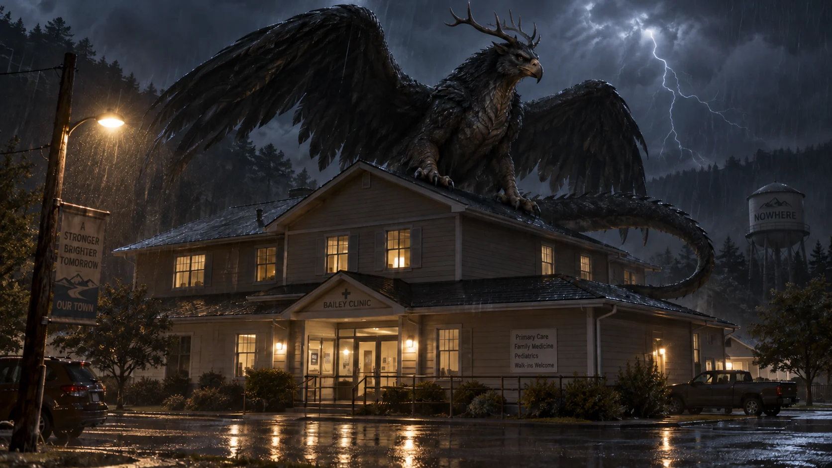 The storm creature perches above the Bailey clinic as the couple’s conflict intensifies.