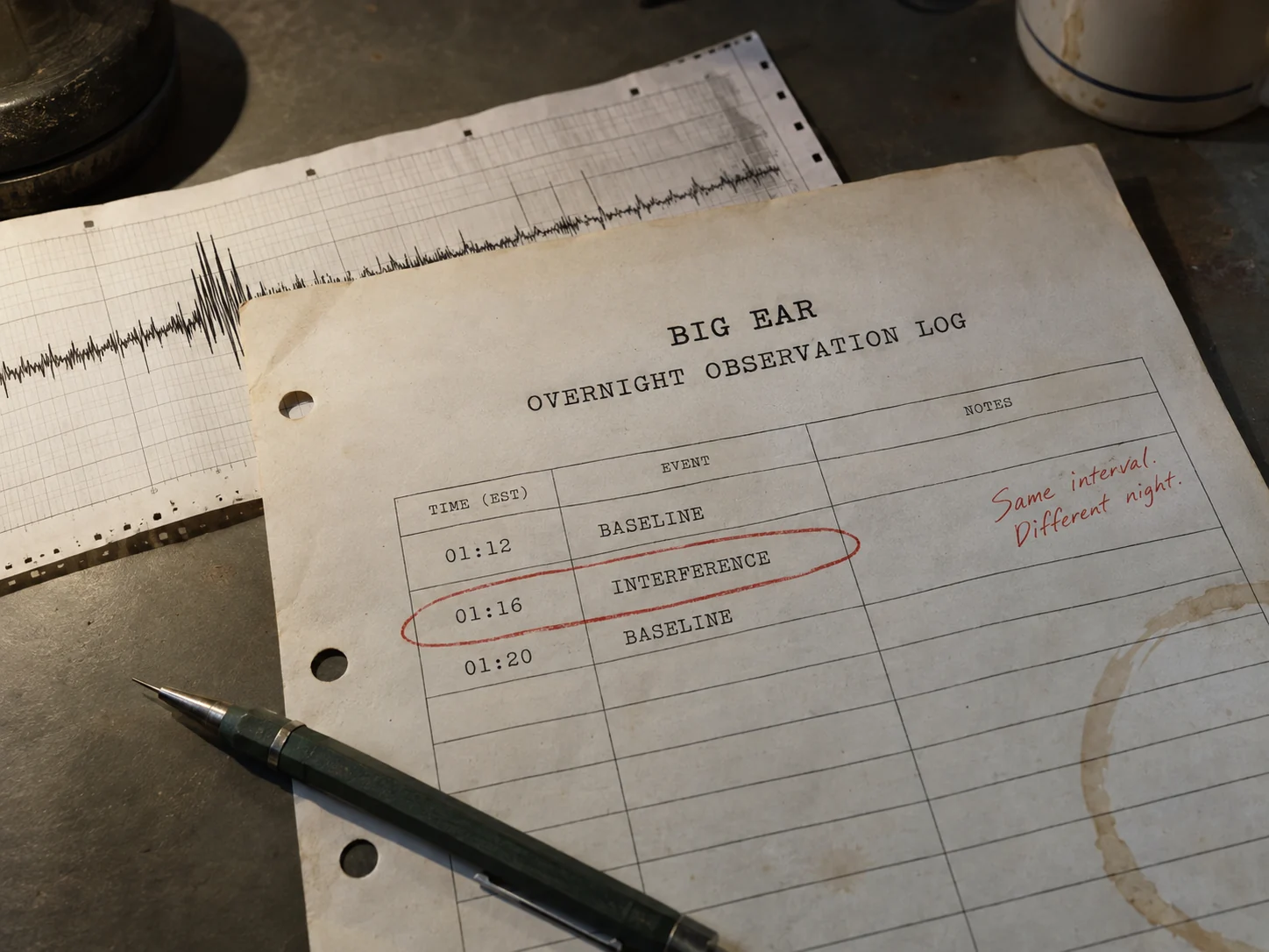 Big Ear overnight observation log, with a marked interference interval.