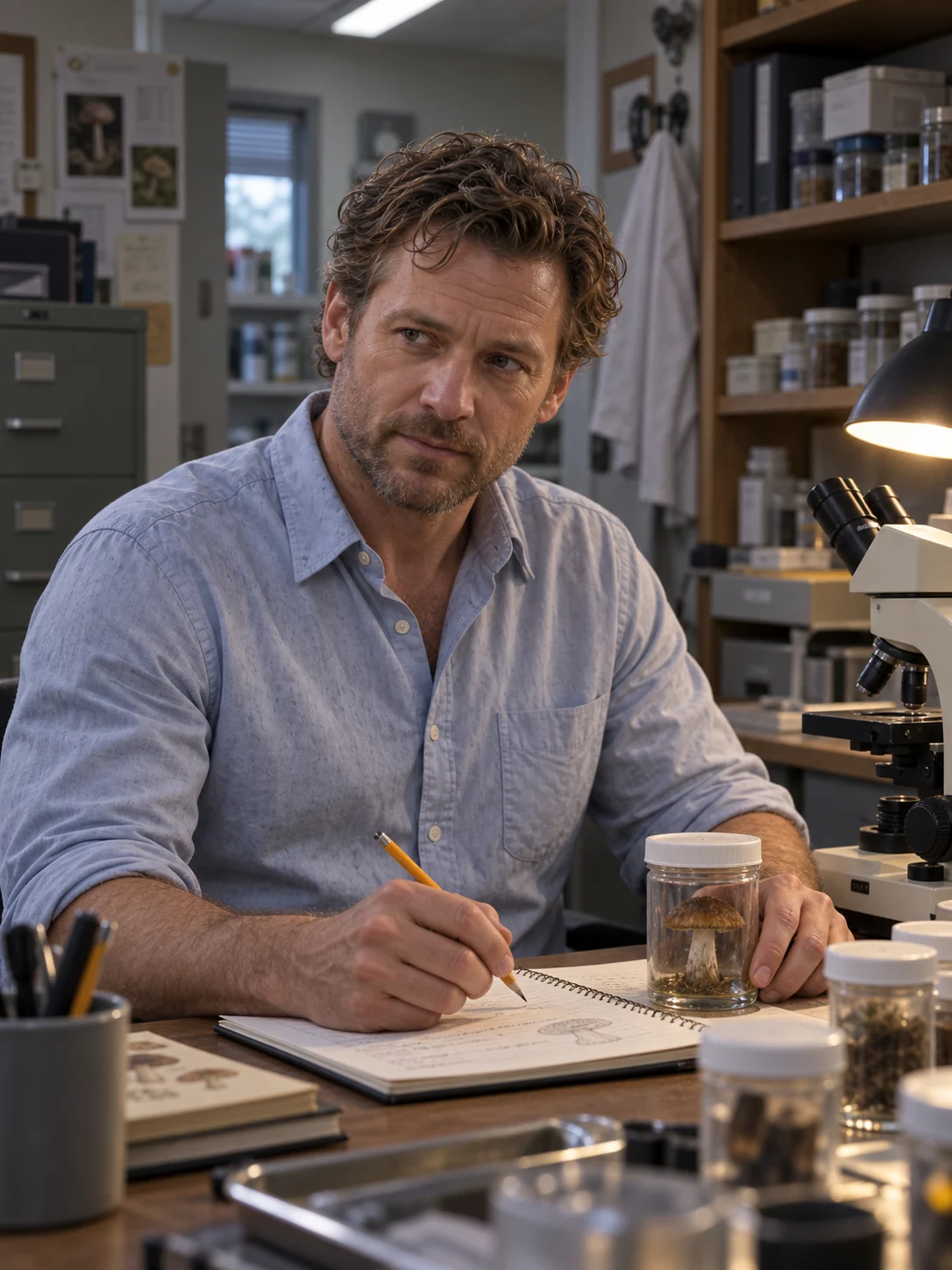 Dr. Ian Bailey examines a specimen in his clinic workroom.
