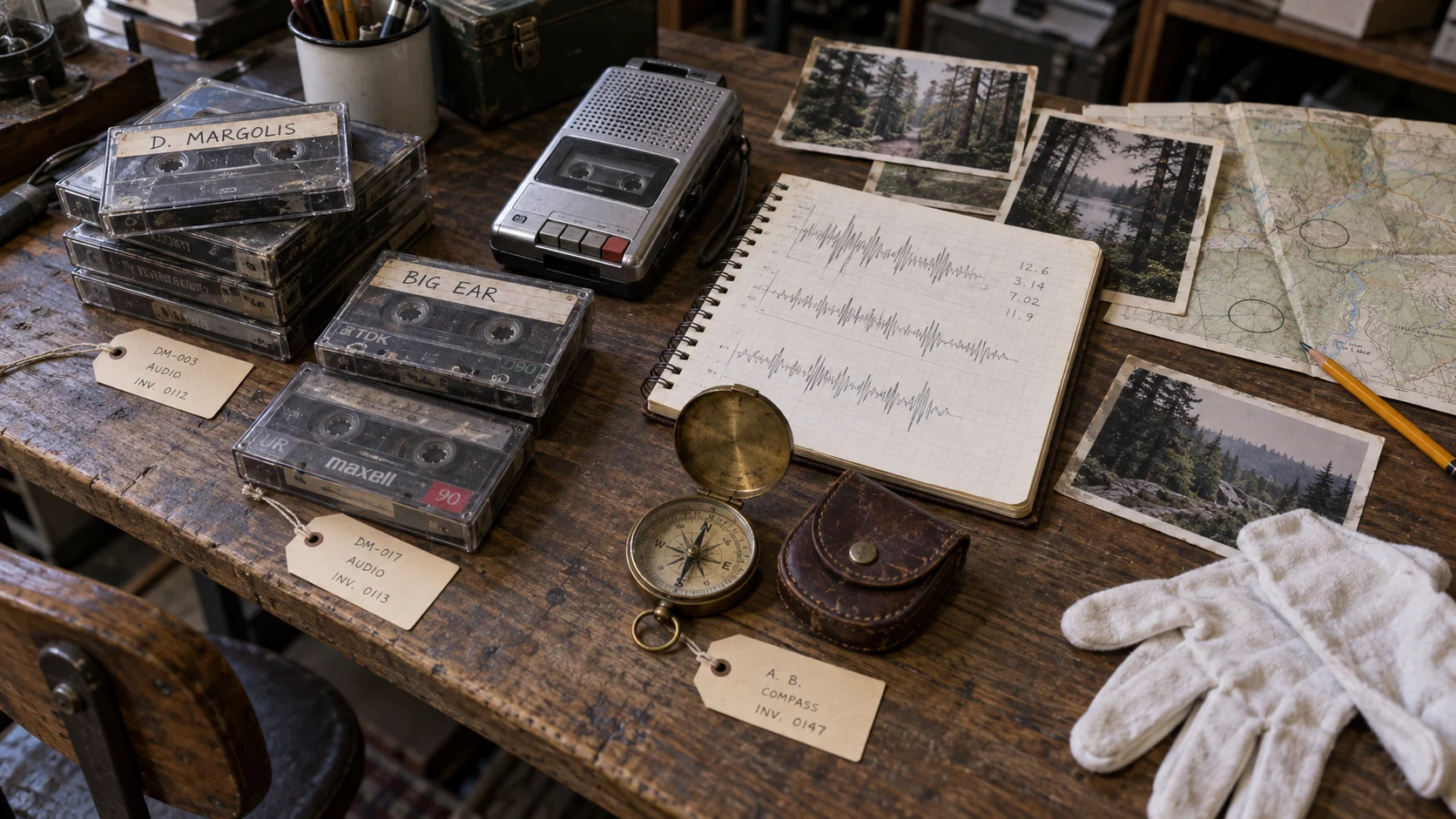 David Margolis’s research tapes, notes, and Abigail’s compass on the prop table.