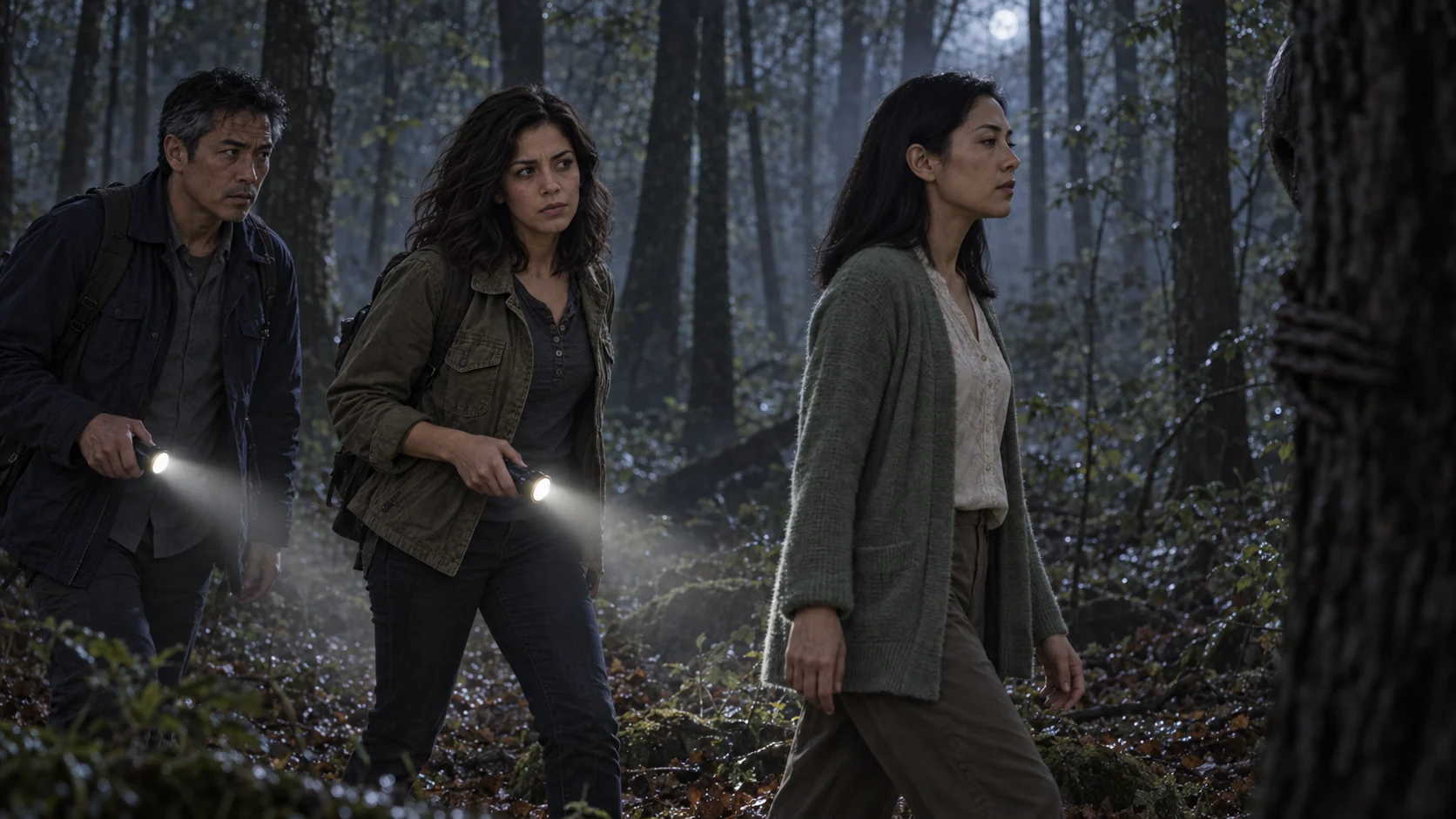 Abigail and Satoshi follow Keiko into the woods.