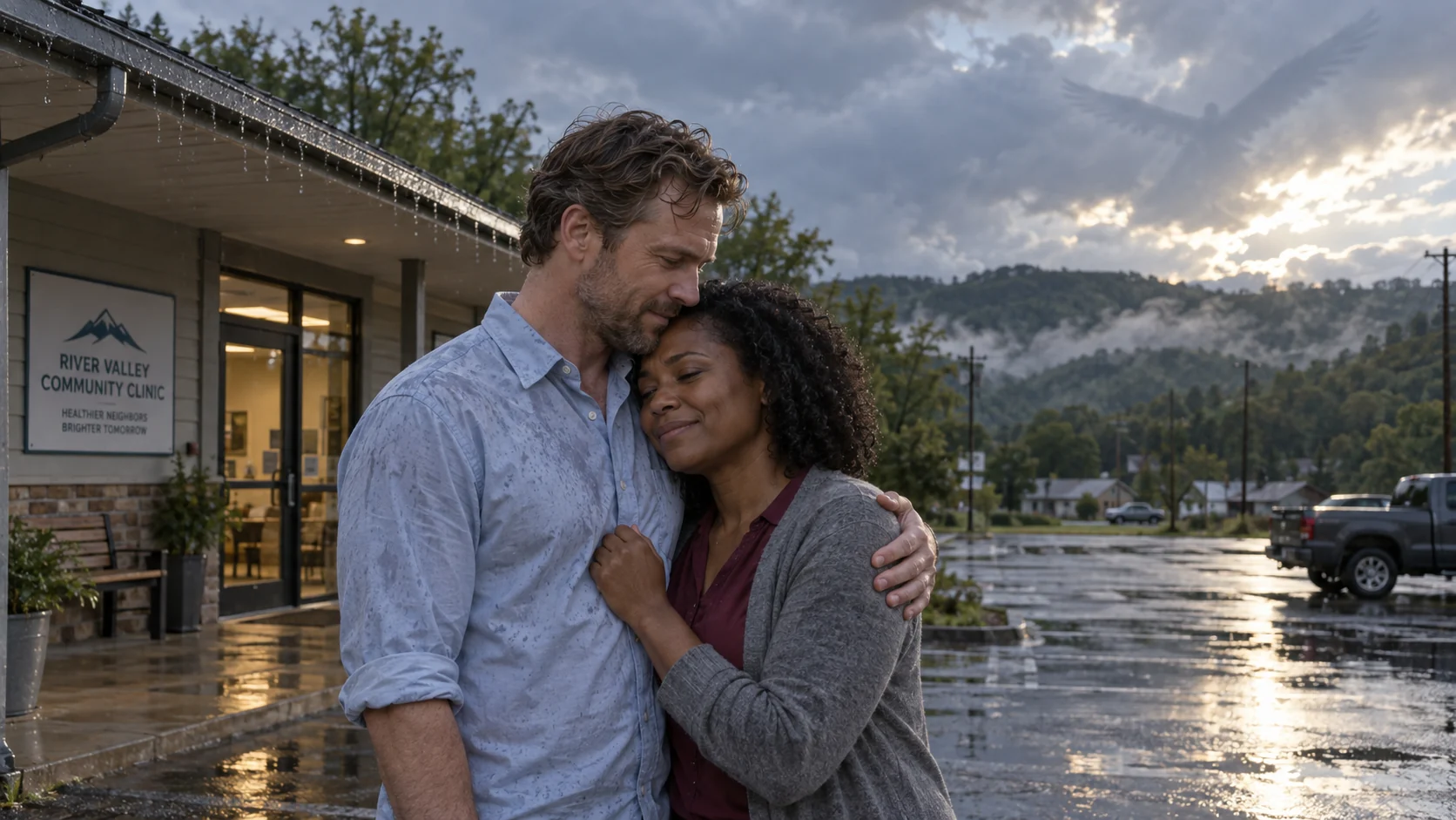 Ian and Jennifer reconcile outside the clinic after the storm.