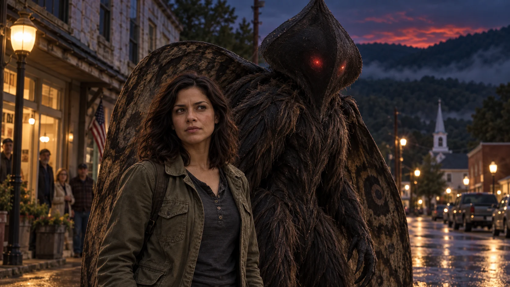 The hybrid stands beside Abigail as she reaches out to the creatures.