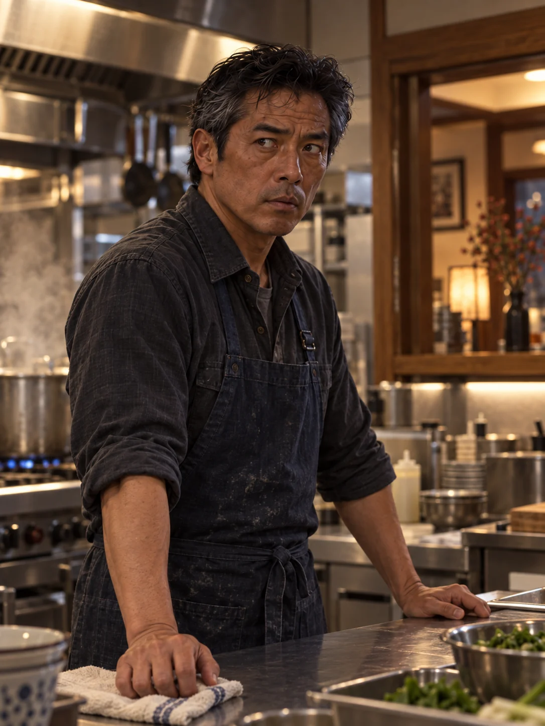 Satoshi Nakamura in the restaurant kitchen.